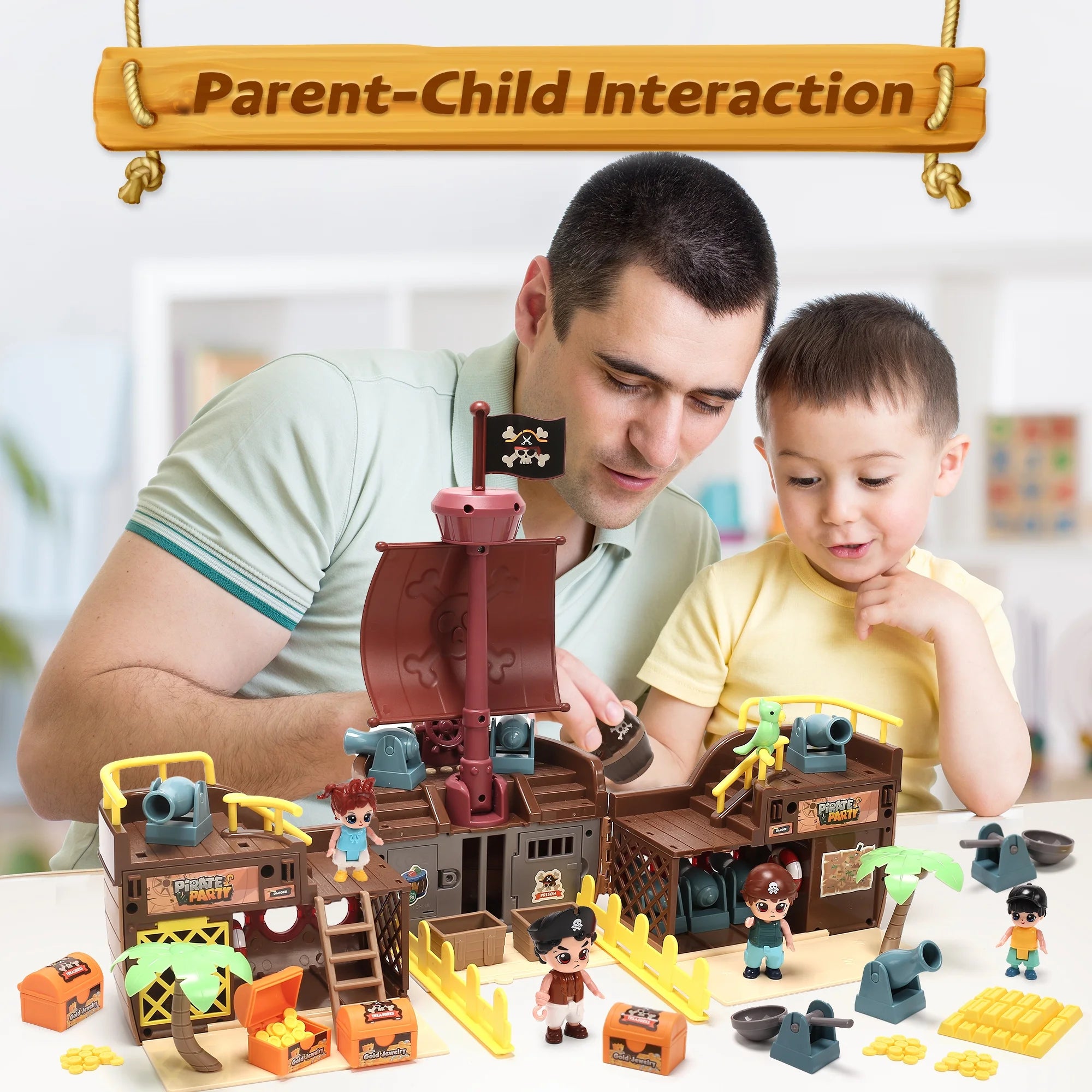 Brown Pirate Boat Toys for Kids, Toy Ship for Pirate Playhouse, Creative Building Toys, Great Birthday Gift for Boys & Girls Ages 3+