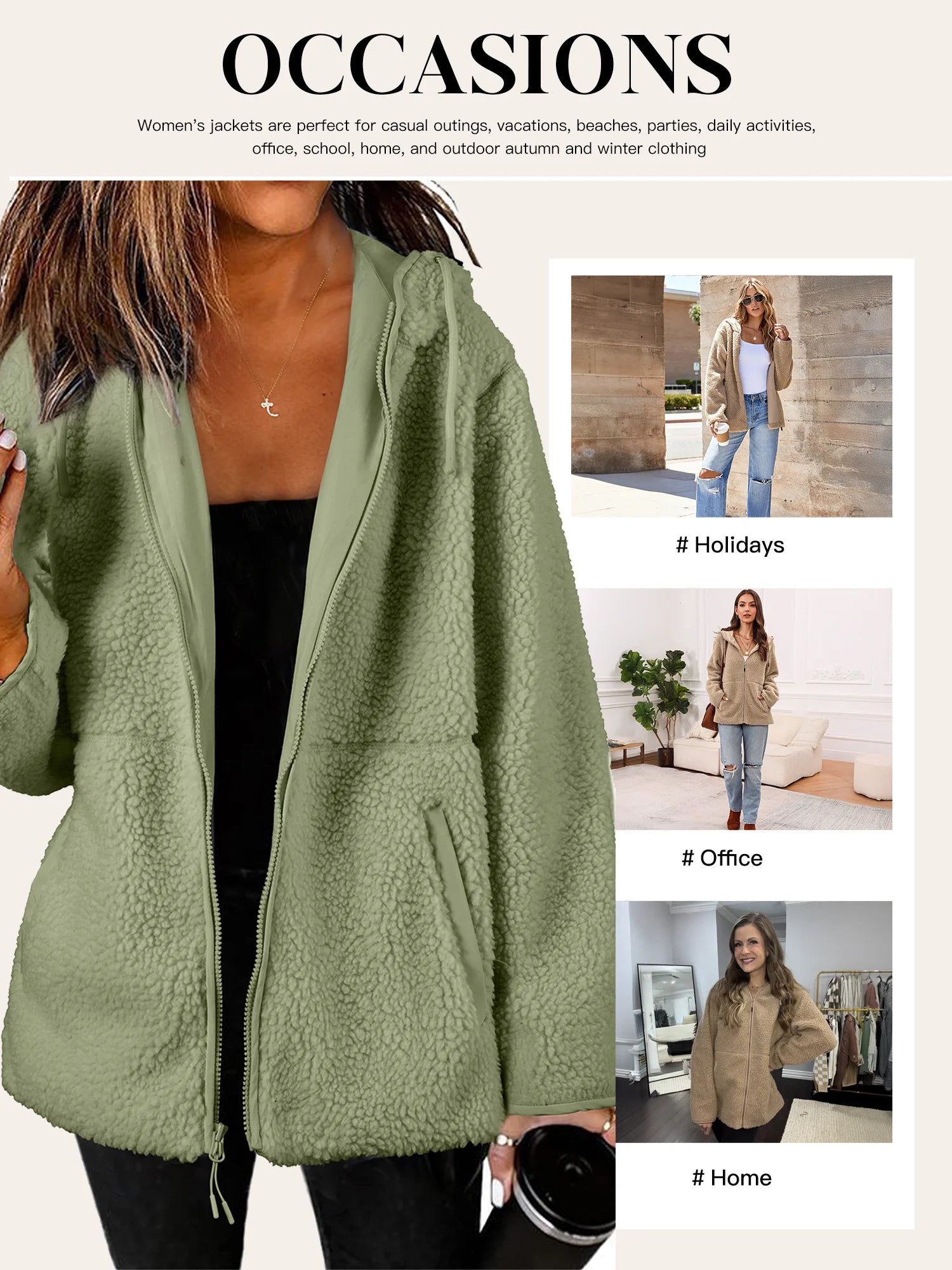 Womens Sherpa Jackets Fuzzy Hooded Zip up Coats Casual Solid Long Sleeve Fleece Shacket Jacket Outerwear with Pockets