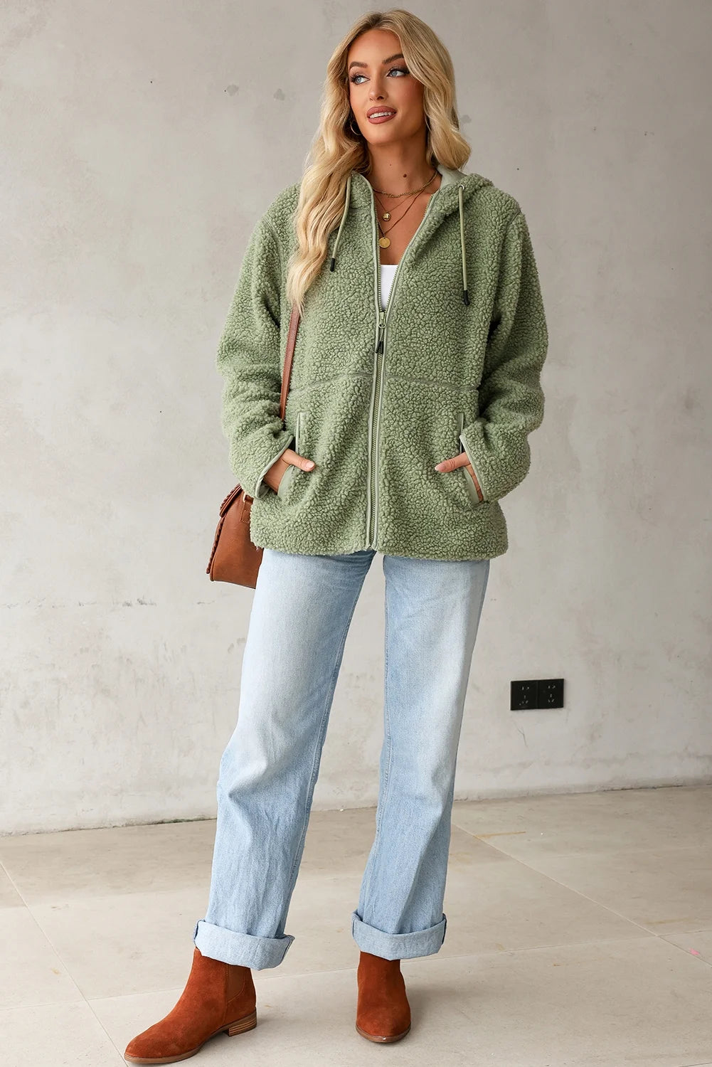 Womens Sherpa Jackets Fuzzy Hooded Zip up Coats Casual Solid Long Sleeve Fleece Shacket Jacket Outerwear with Pockets