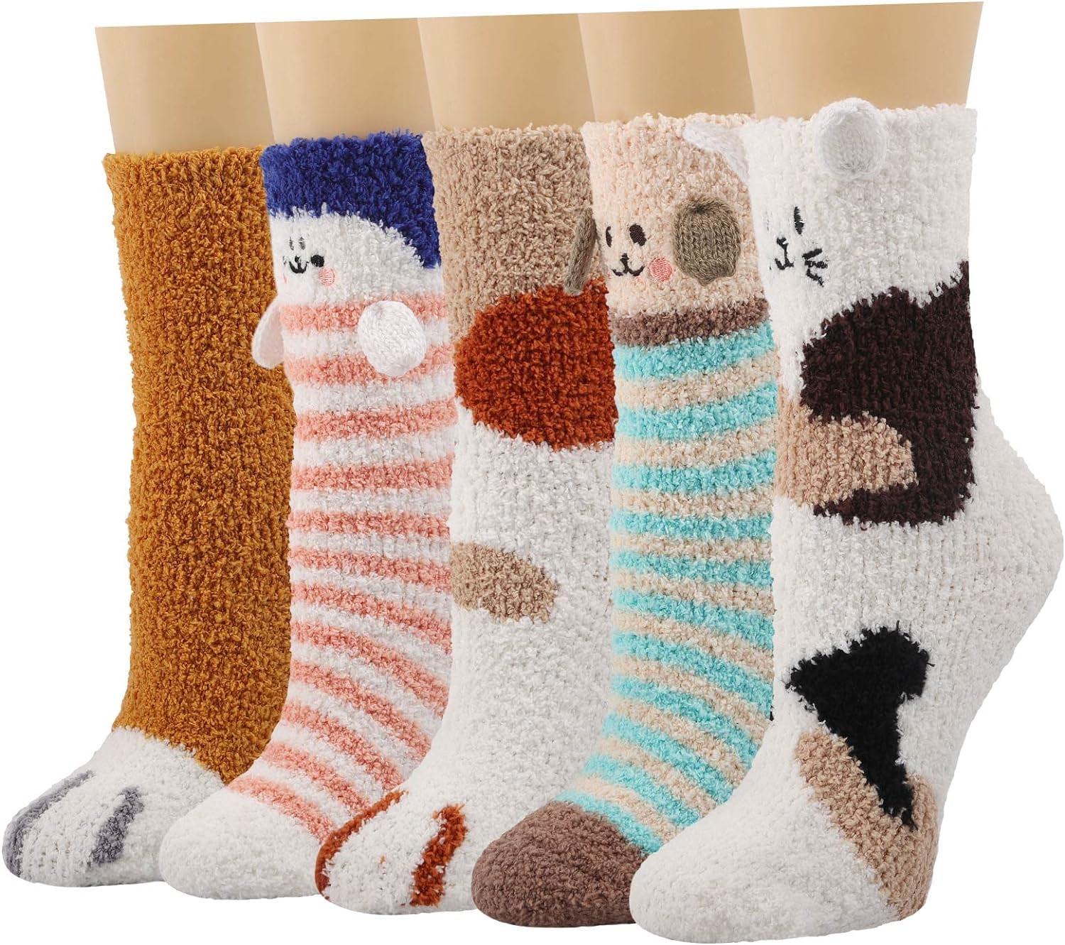 Fuzzy Slipper Socks for Women Fluffy Warm Non Slip Cozy with Grips Winter Soft Socks Animal Design 5 Pairs