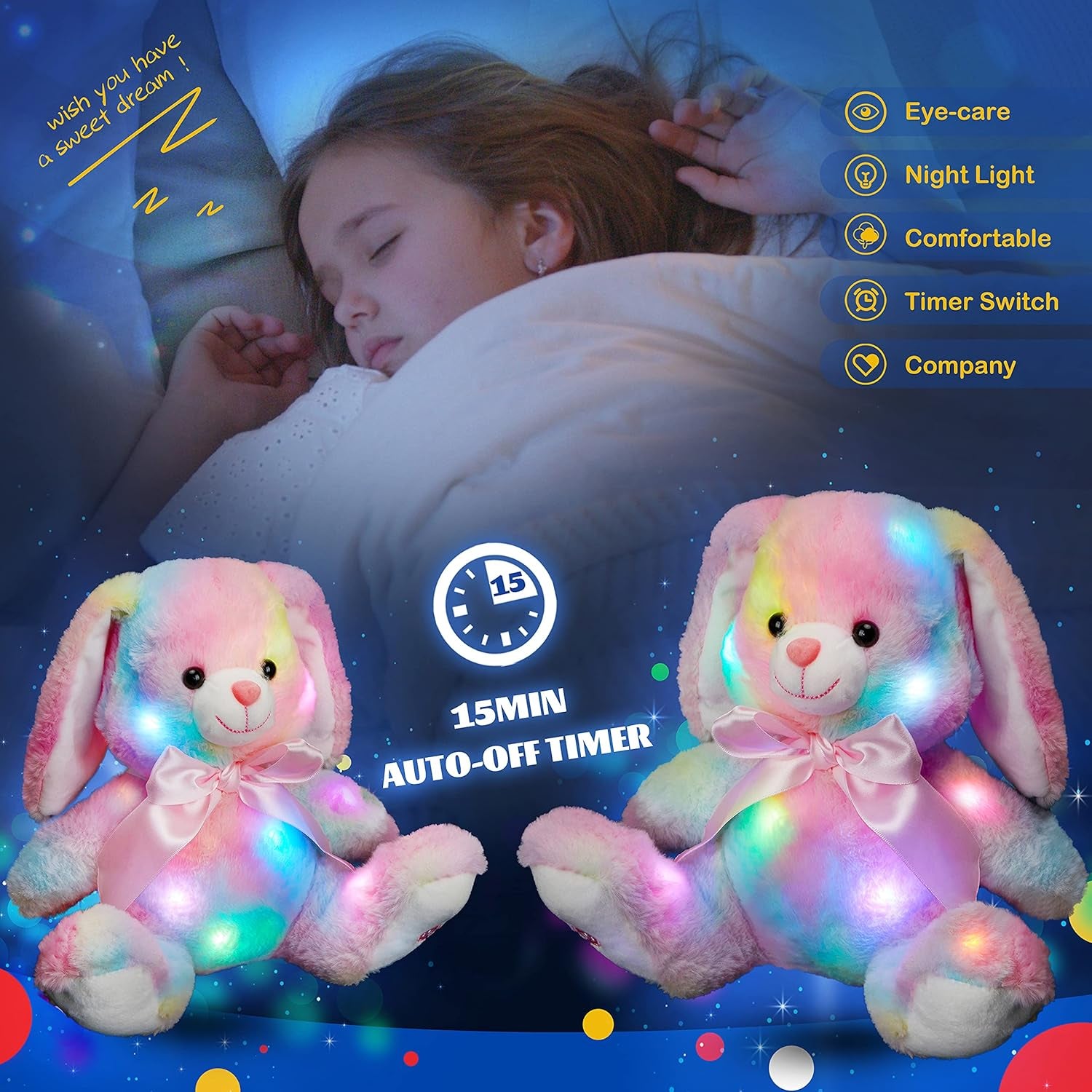 10'' Easter Light up Rainbow Bunny Stuffed Animal,Soft Glowing Rabbit Plush Toy with Lop Eared Night Light,Birthday Christmas for Kids,Girls,Boys
