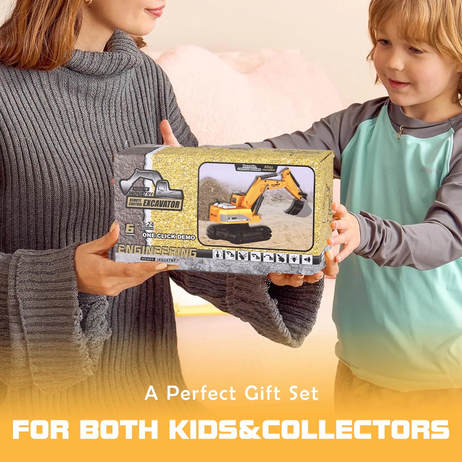 Remote Control Excavator for Kids, 2.4Ghz 6 Channel RC Truck Excavator Construction Vehicle Toy with Metal Shovel, Lights & Sounds for Toddler Boys Age 3 4 5 6 7 8 Year Old