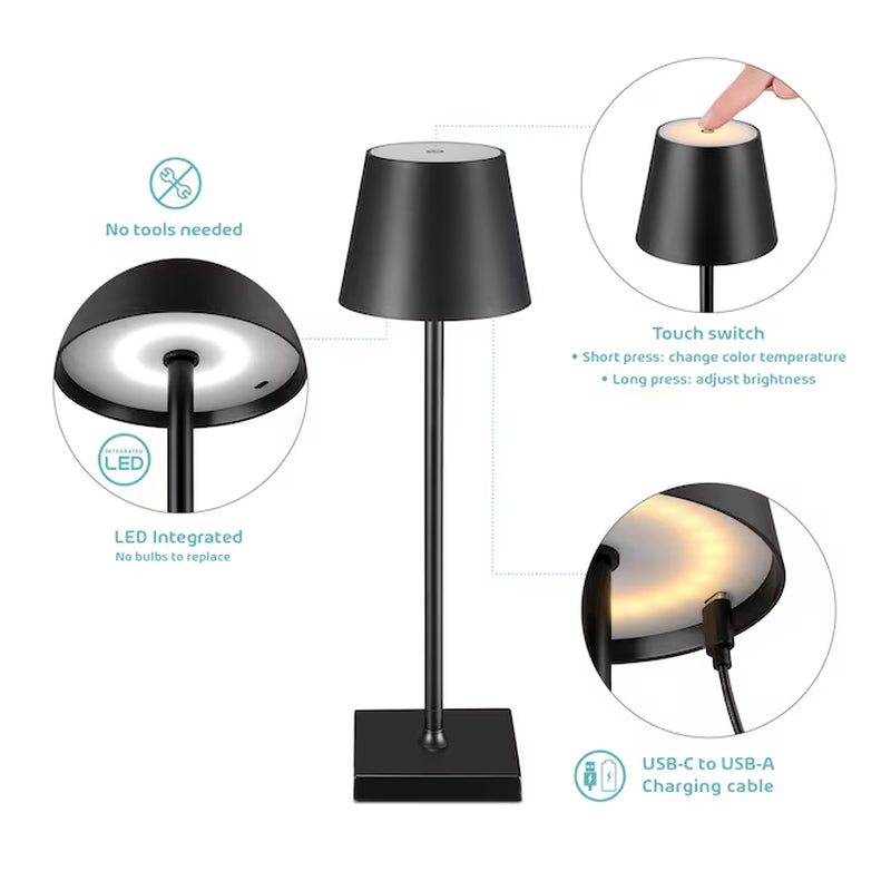 15-In Matte Black LED On/Off Switch Table Lamp with Plastic Shade