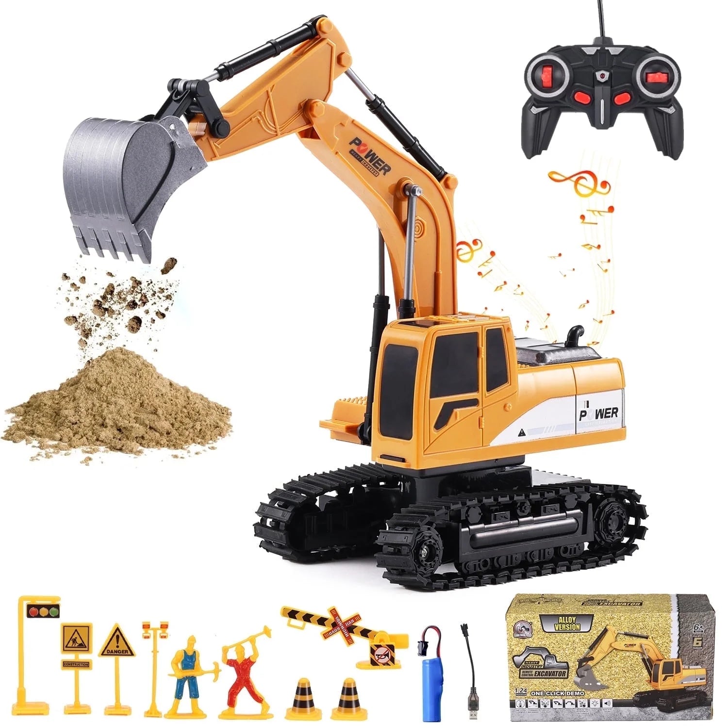 Remote Control Excavator for Kids, 2.4Ghz 6 Channel RC Truck Excavator Construction Vehicle Toy with Metal Shovel, Lights & Sounds for Toddler Boys Age 3 4 5 6 7 8 Year Old