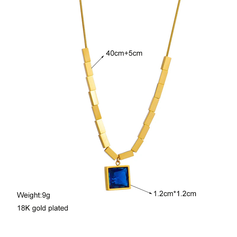 Stainless Steel Square Blue Zircon Necklace For Women