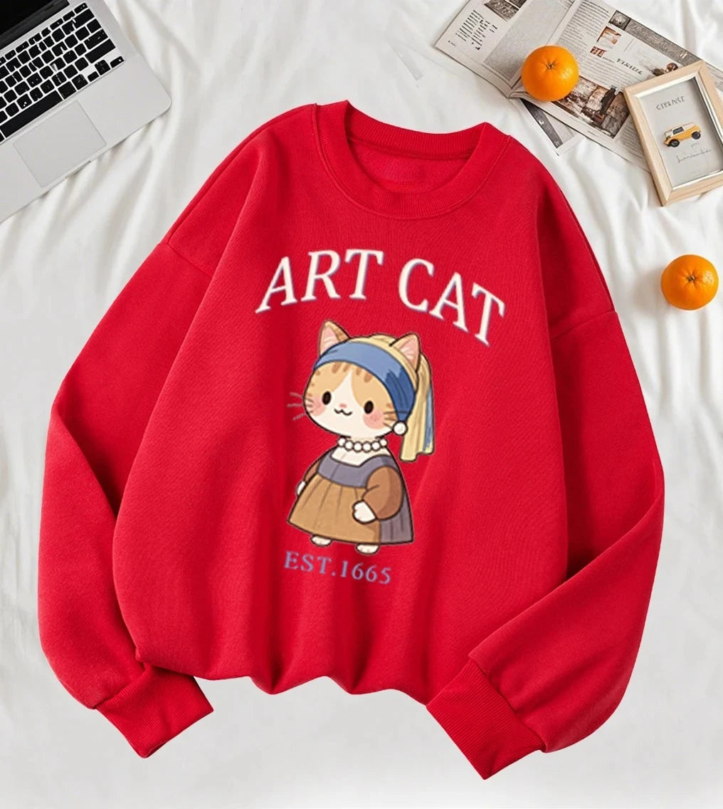 Girl with A Pearl Earring Art Cat Cartoon Print Womens Sweatshirt
