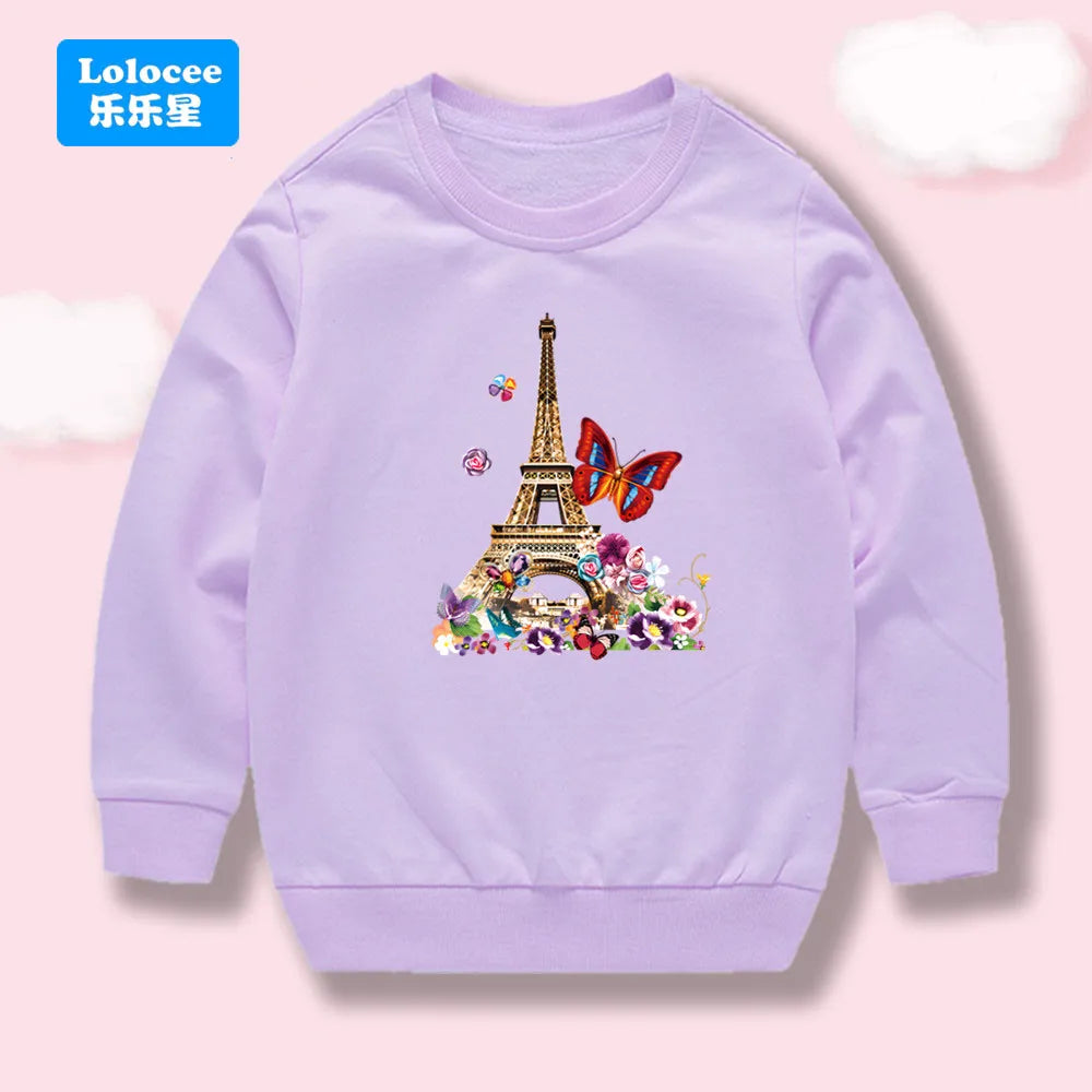 Autumn Kids Sweatshirt Flowers and Butterfly Eiffel Tower Printed