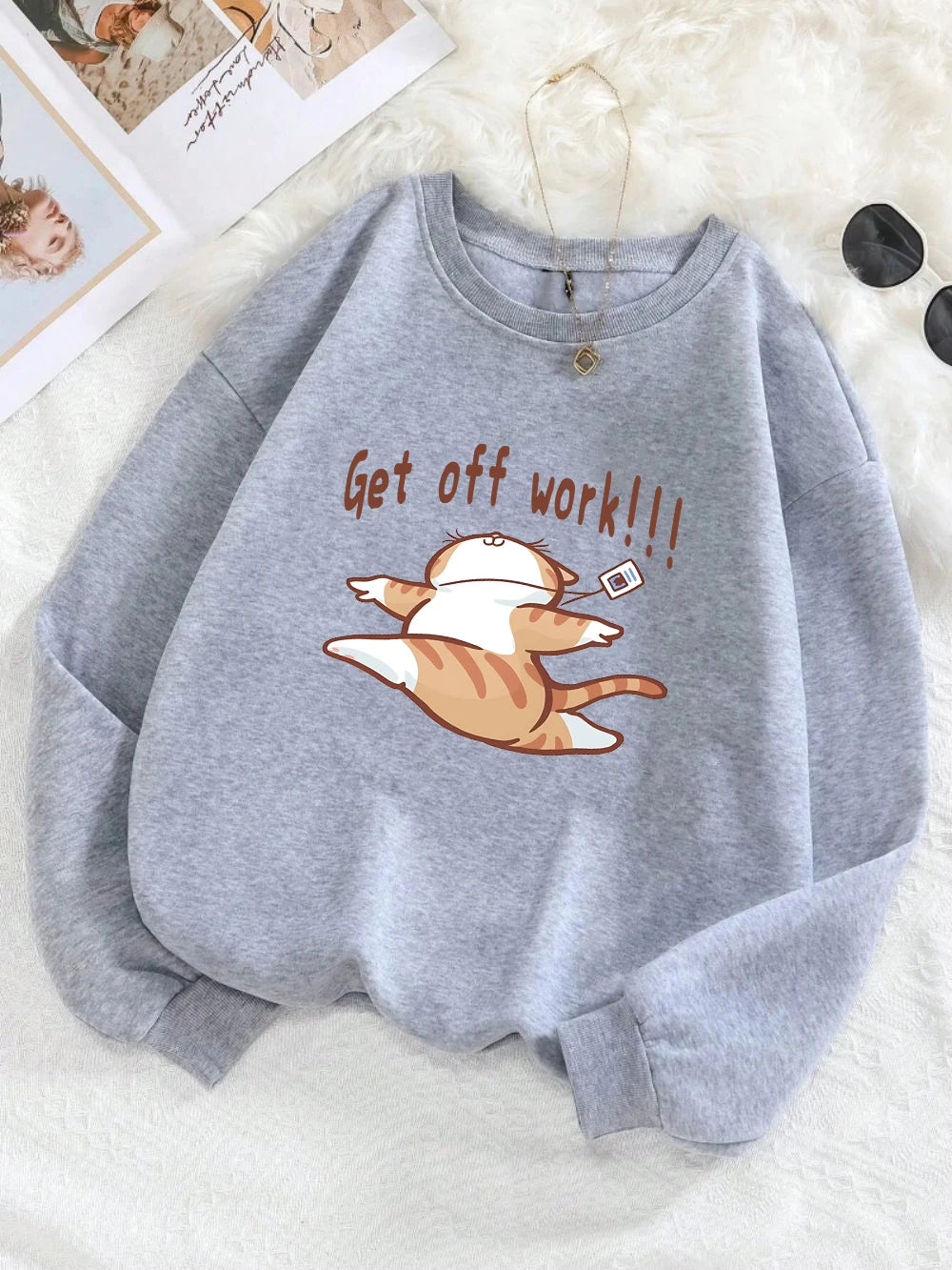 Get Off Work Happy Cat Prints Hoodies Women Winter Basics