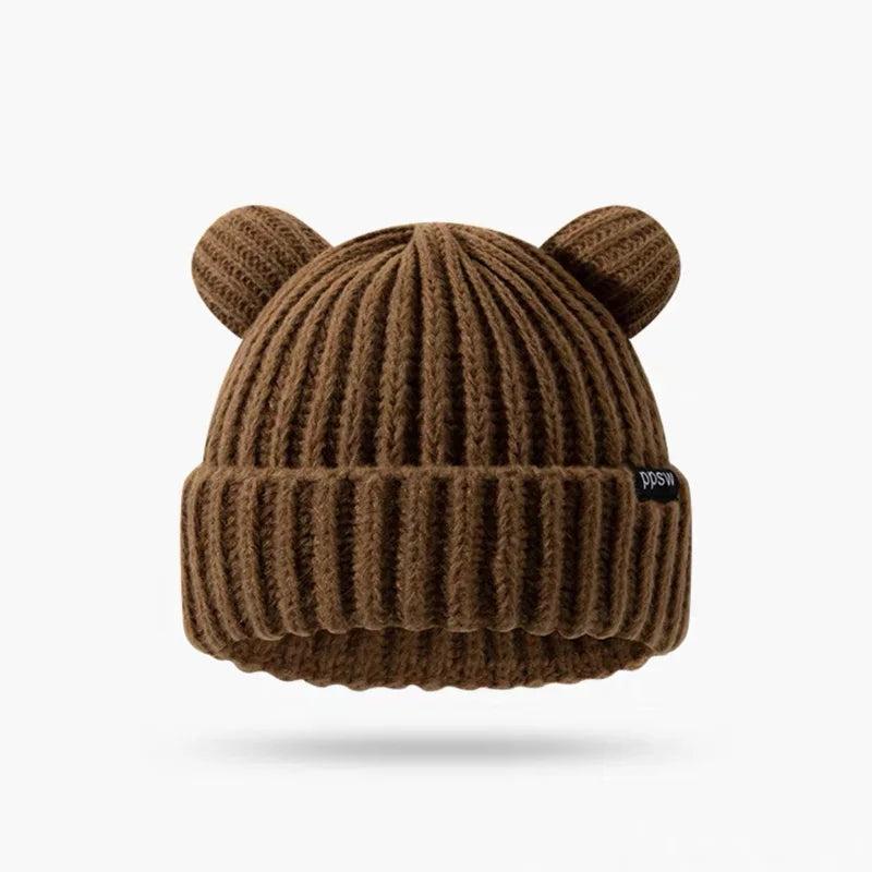 Cute Bear Ear Knitted Wool Hat Women Fashion Hooded Thick