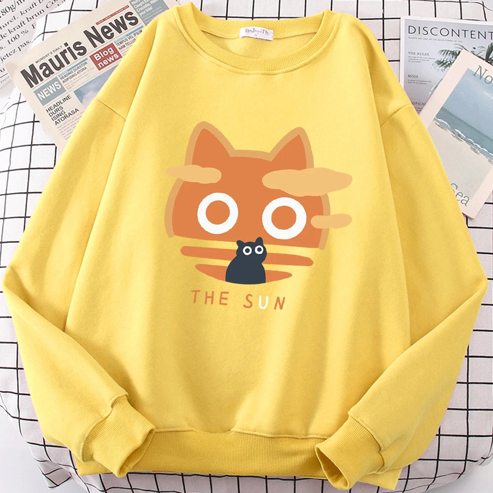 The Sun Orange Cat Fun Cute Print Cartoons Hoody Men Loose