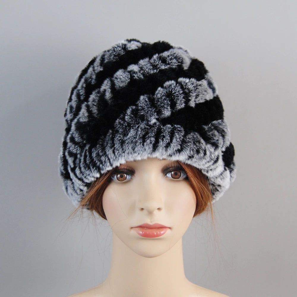Fur Hats for Women Winter Real Rex Rabbit Hat Fox Fur Knit Female