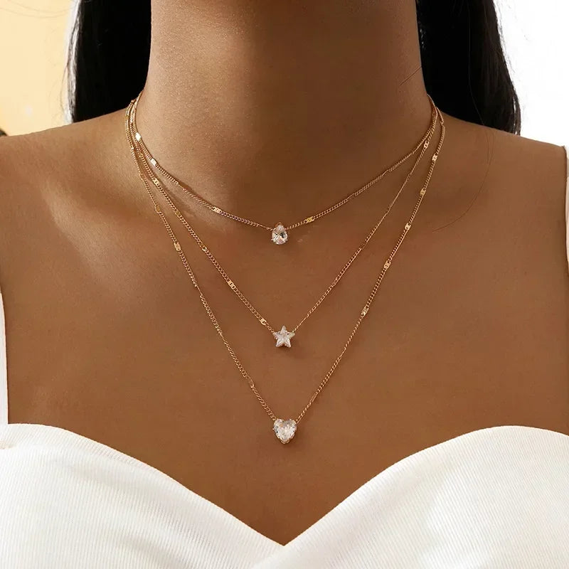 Multilayer Pendant Necklace on Neck Chain Women Crystal Zircon