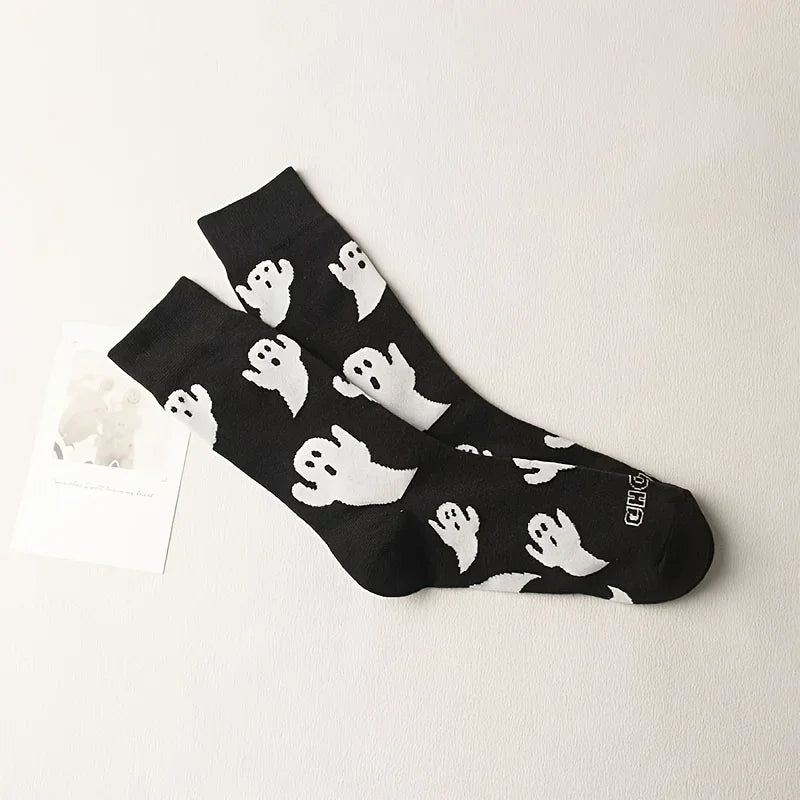 Black White Halloween Mid-Calf Socks - Trendy Women's Socks