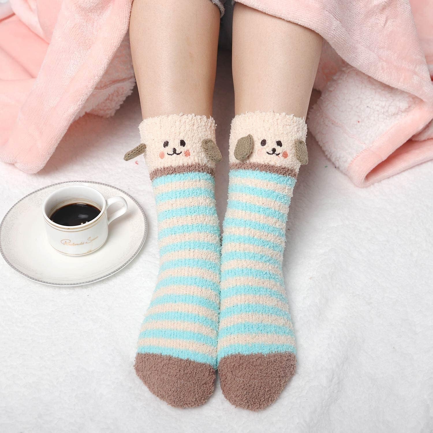 Fuzzy Slipper Socks for Women Fluffy Warm Non Slip Cozy with Grips Winter Soft Socks Animal Design 5 Pairs
