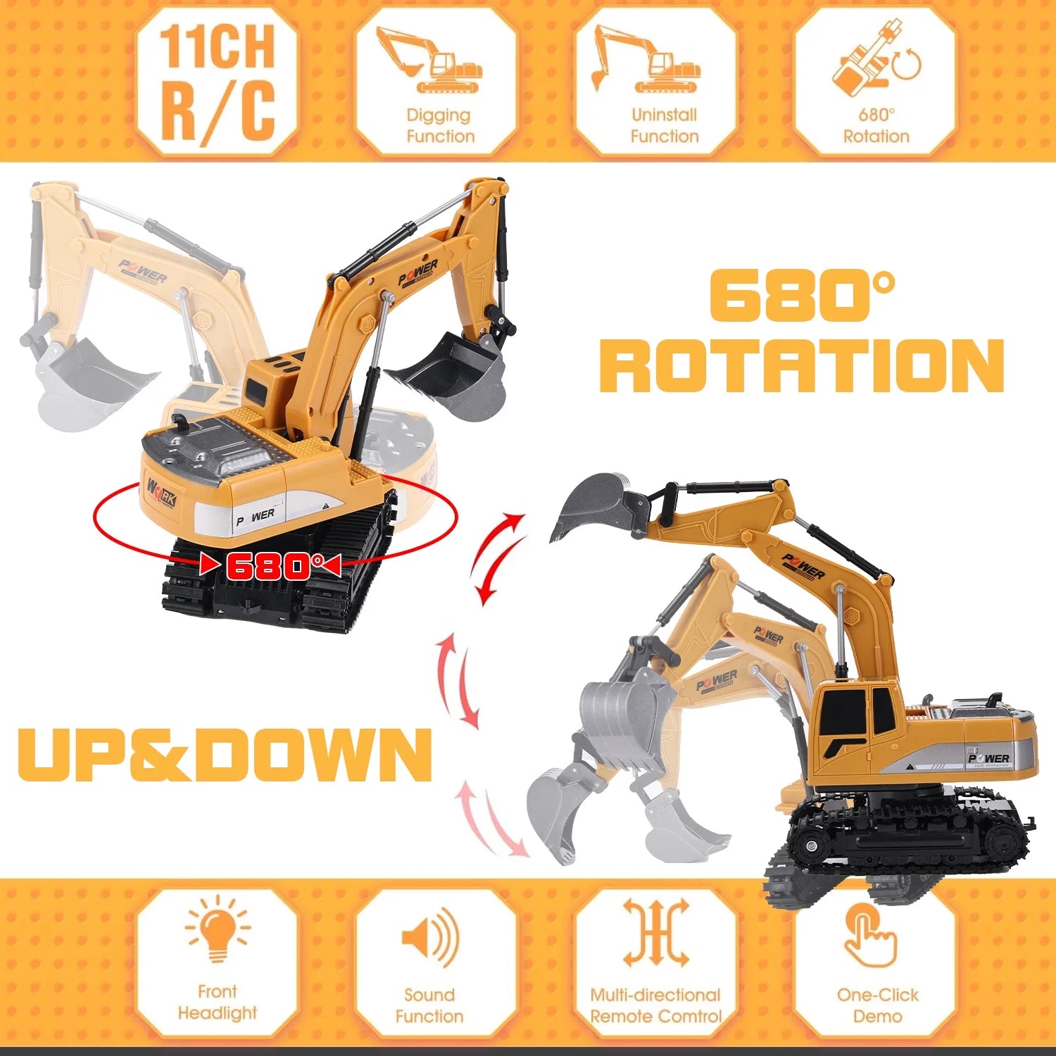 Remote Control Excavator for Kids, 2.4Ghz 6 Channel RC Truck Excavator Construction Vehicle Toy with Metal Shovel, Lights & Sounds for Toddler Boys Age 3 4 5 6 7 8 Year Old