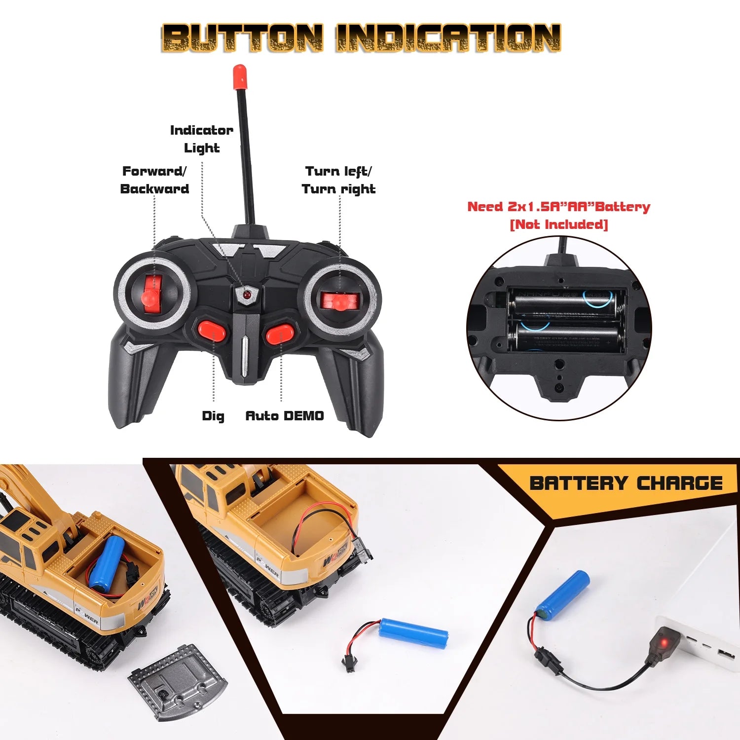 Remote Control Excavator for Kids, 2.4Ghz 6 Channel RC Truck Excavator Construction Vehicle Toy with Metal Shovel, Lights & Sounds for Toddler Boys Age 3 4 5 6 7 8 Year Old