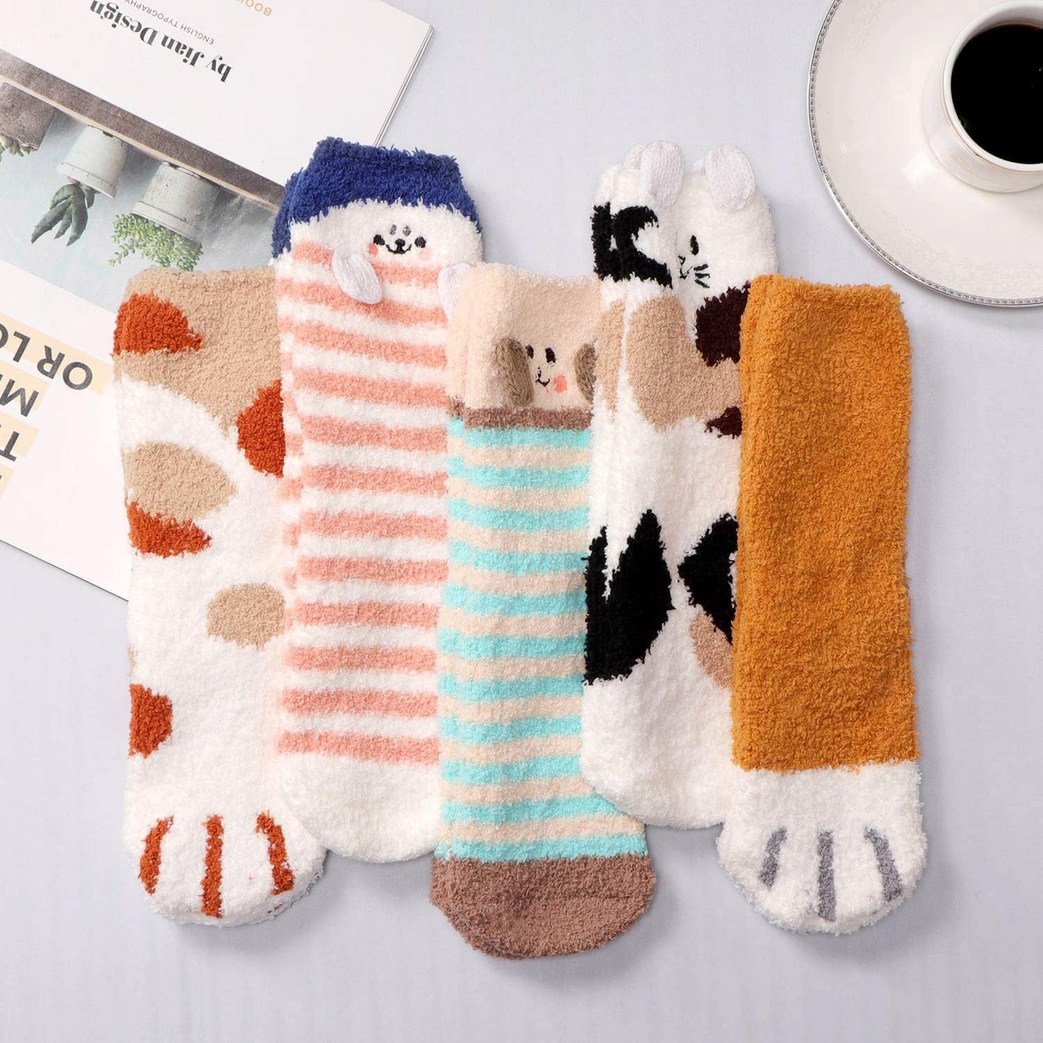 Fuzzy Slipper Socks for Women Fluffy Warm Non Slip Cozy with Grips Winter Soft Socks Animal Design 5 Pairs
