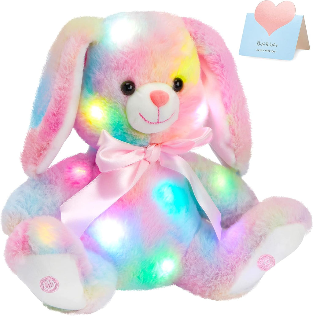 10'' Easter Light up Rainbow Bunny Stuffed Animal,Soft Glowing Rabbit Plush Toy with Lop Eared Night Light,Birthday Christmas for Kids,Girls,Boys