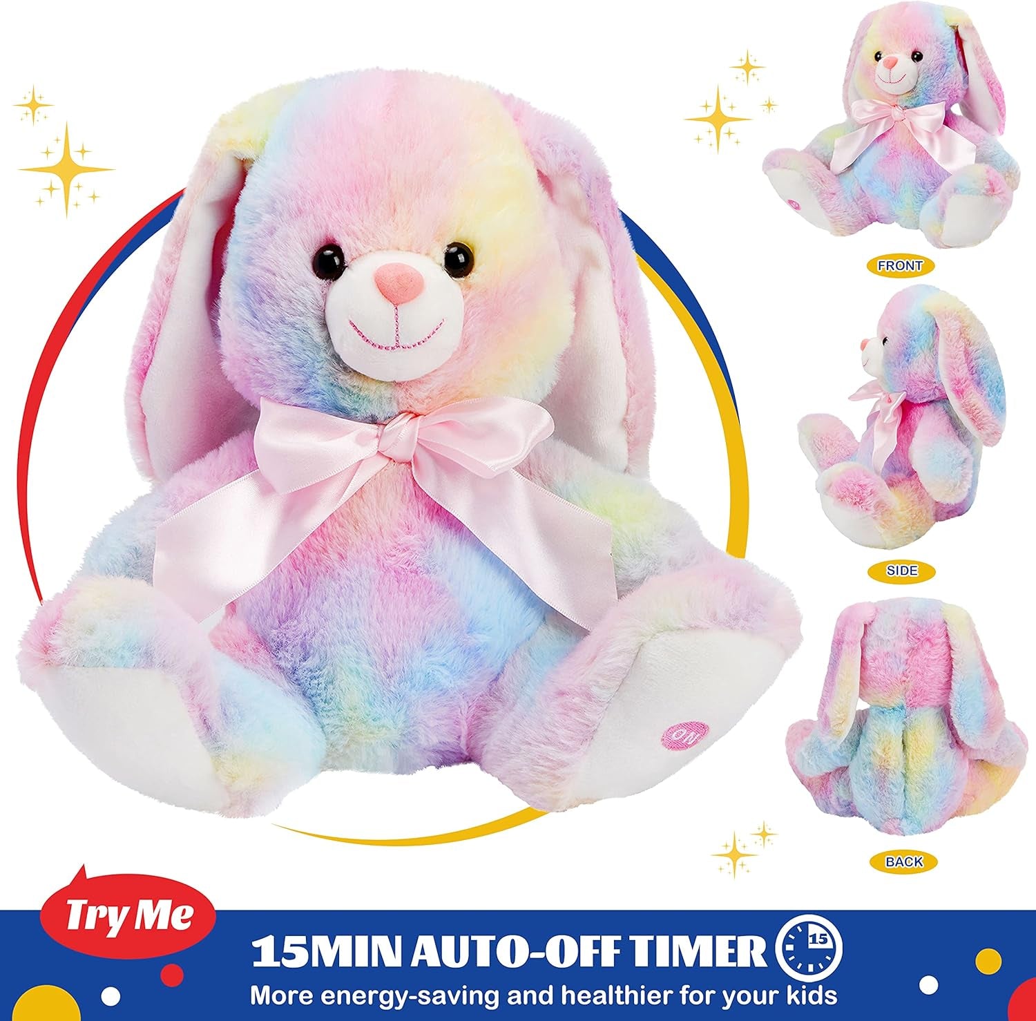 10'' Easter Light up Rainbow Bunny Stuffed Animal,Soft Glowing Rabbit Plush Toy with Lop Eared Night Light,Birthday Christmas for Kids,Girls,Boys