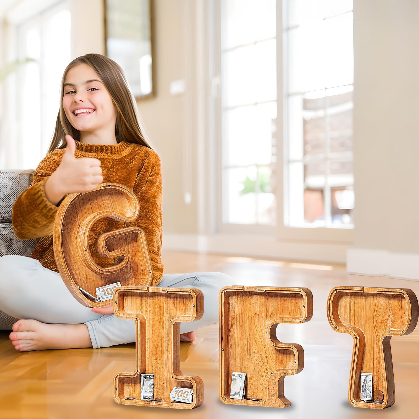 12" Extra Large Wooden Letter Piggy Banks - Piggy Banks for Boys Girls Kids, ...