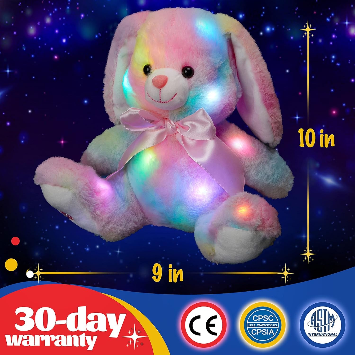 10'' Easter Light up Rainbow Bunny Stuffed Animal,Soft Glowing Rabbit Plush Toy with Lop Eared Night Light,Birthday Christmas for Kids,Girls,Boys
