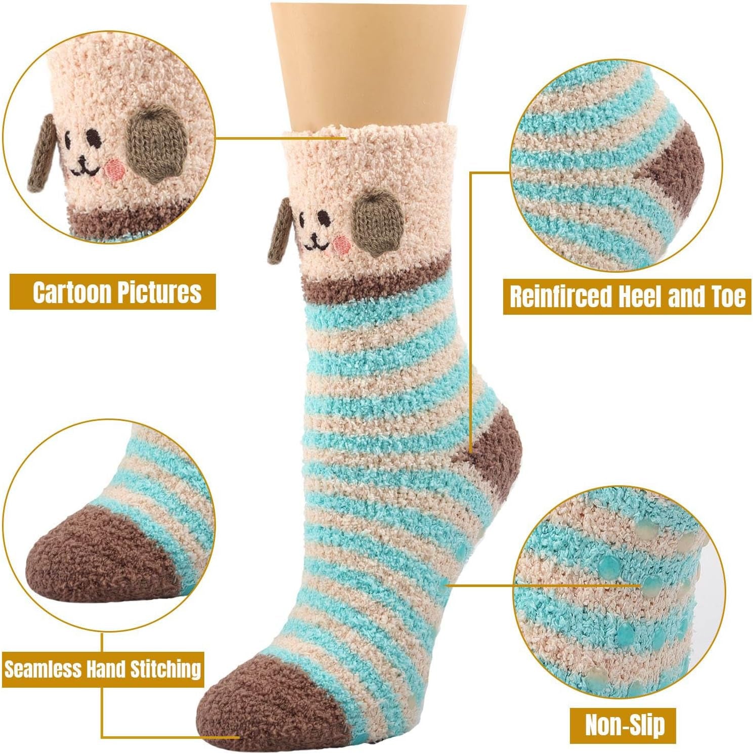 Fuzzy Slipper Socks for Women Fluffy Warm Non Slip Cozy with Grips Winter Soft Socks Animal Design 5 Pairs