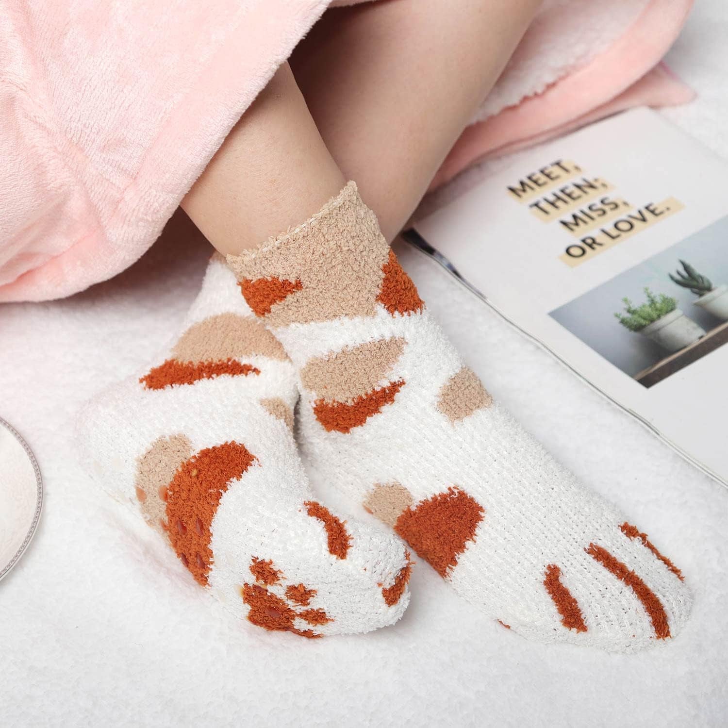 Fuzzy Slipper Socks for Women Fluffy Warm Non Slip Cozy with Grips Winter Soft Socks Animal Design 5 Pairs