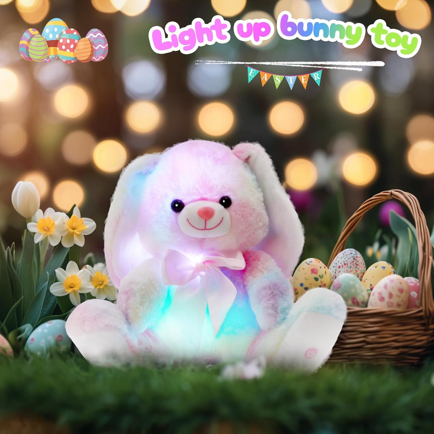 10'' Easter Light up Rainbow Bunny Stuffed Animal,Soft Glowing Rabbit Plush Toy with Lop Eared Night Light,Birthday Christmas for Kids,Girls,Boys
