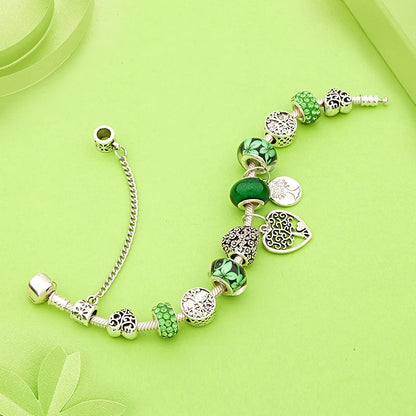 Antique  Silver Tree of Life Charm Bracelets Green Crystal Flower