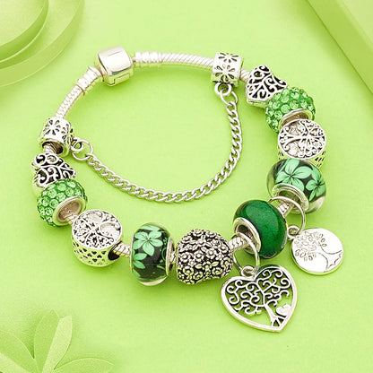 Antique  Silver Tree of Life Charm Bracelets Green Crystal Flower