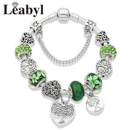 Antique  Silver Tree of Life Charm Bracelets Green Crystal Flower