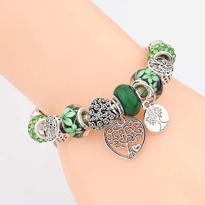 Antique  Silver Tree of Life Charm Bracelets Green Crystal Flower