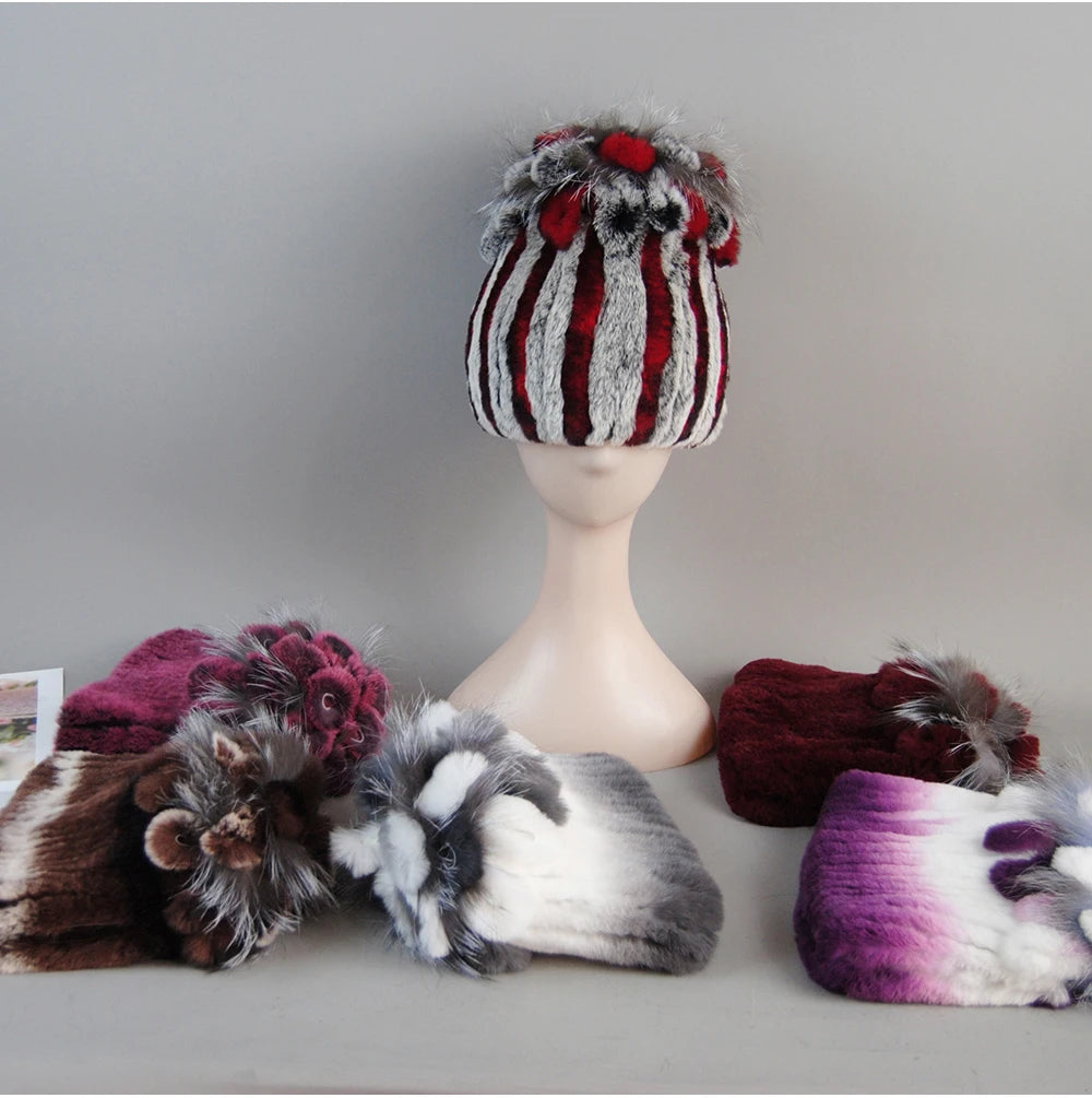 Fur Hats for Women Winter Real Rex Rabbit Hat Fox Fur Knit Female