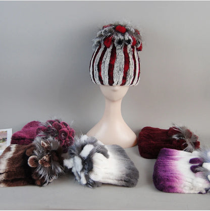 Fur Hats for Women Winter Real Rex Rabbit Hat Fox Fur Knit Female