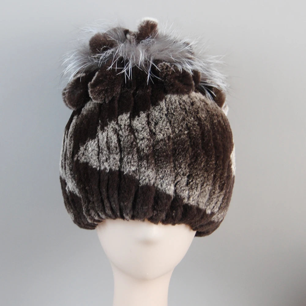 Fur Hats for Women Winter Real Rex Rabbit Hat Fox Fur Knit Female