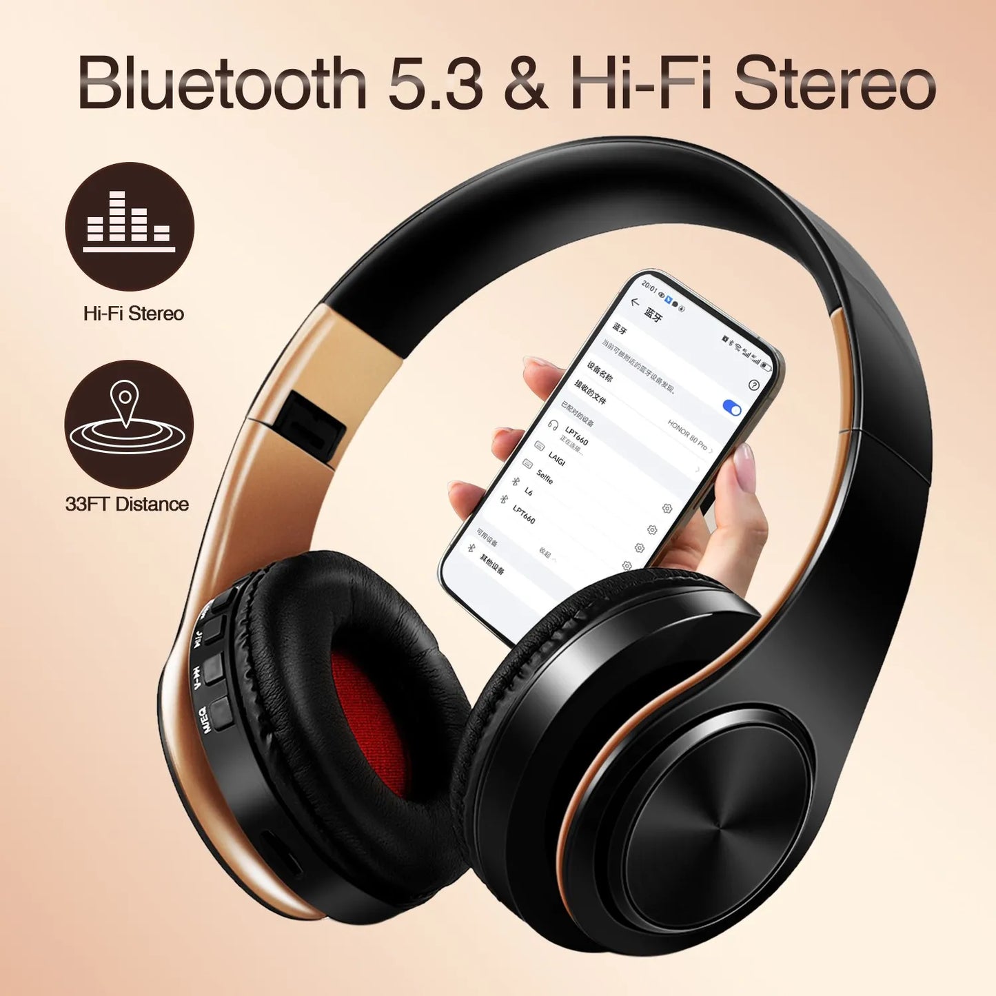 Men Gift Gold Wireless Headphones Bluetooth Earphone Stereo