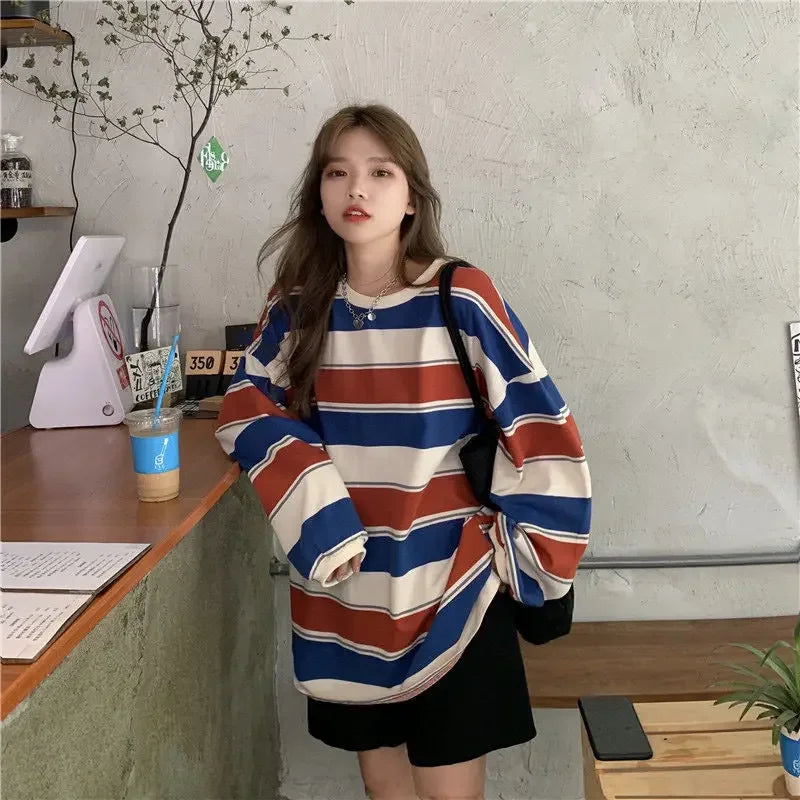 Women's Autumn T-shirt Striped Top Sweatshirt 2024 Korean