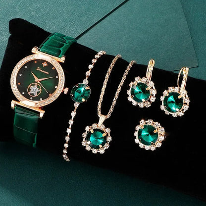 Green Luxury Quartz Watch Women Ring Necklace Earring Rhinestone