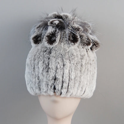Fur Hats for Women Winter Real Rex Rabbit Hat Fox Fur Knit Female