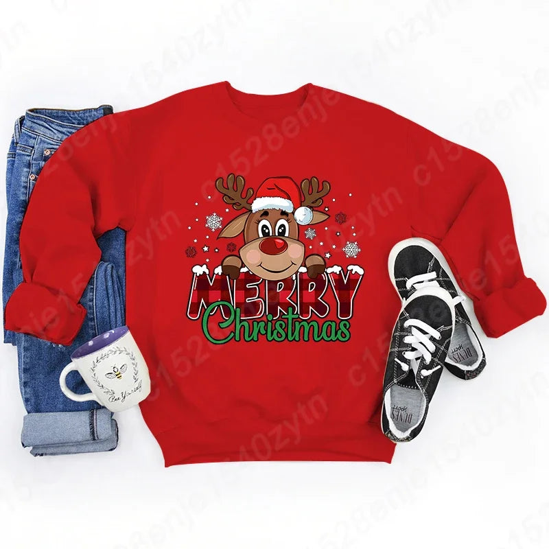 Women's Festive Christmas Reindeer & Plaid Graphic Sweatshirt