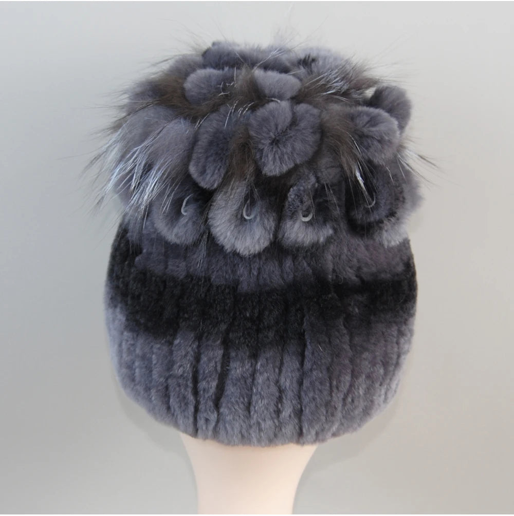 Fur Hats for Women Winter Real Rex Rabbit Hat Fox Fur Knit Female