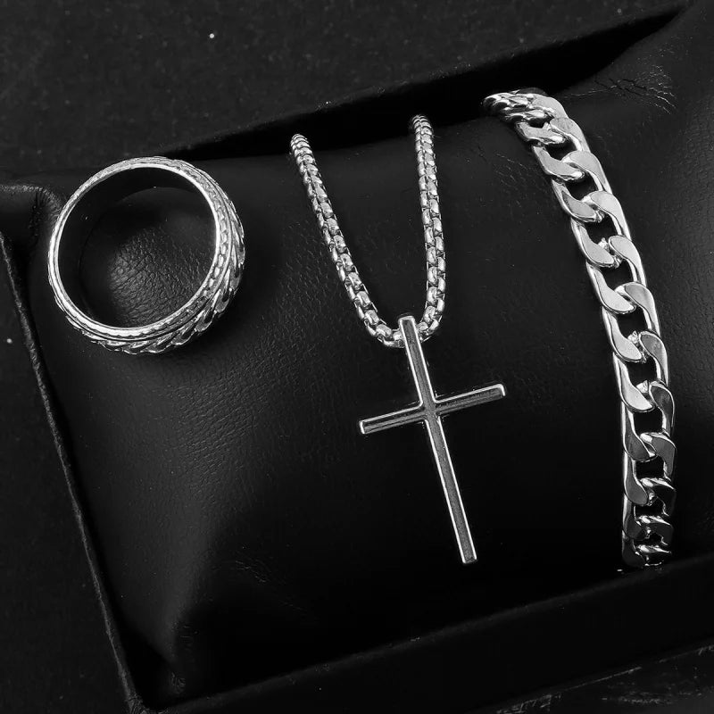 Punk Black Cross Pendant Necklace Thick Chain Bracelet Ring Fashion