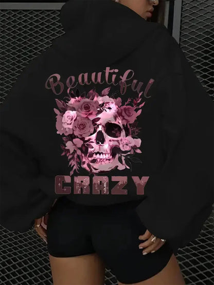 Women's autumn and winter casual hoodie with skull and floral