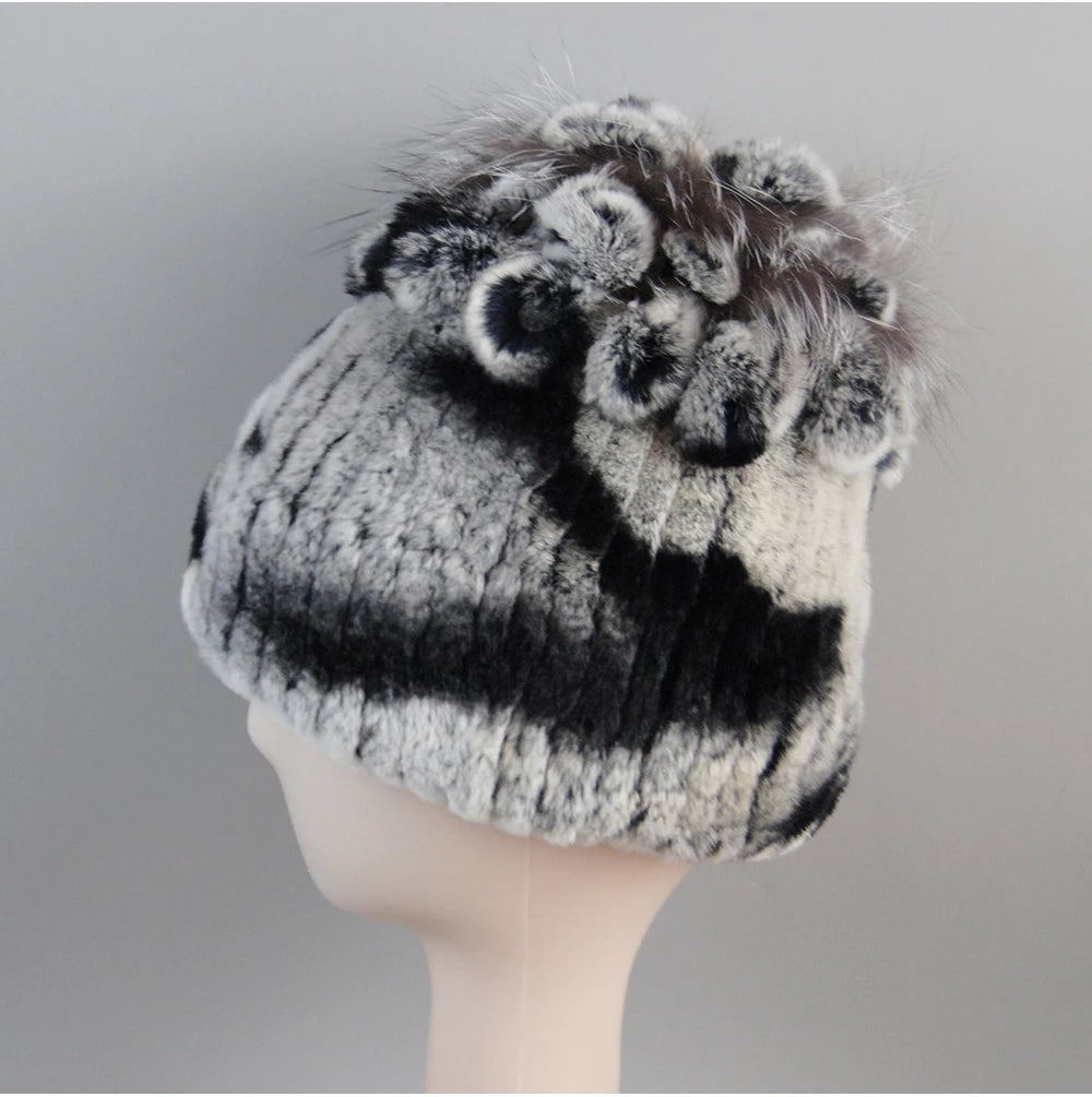 Fur Hats for Women Winter Real Rex Rabbit Hat Fox Fur Knit Female