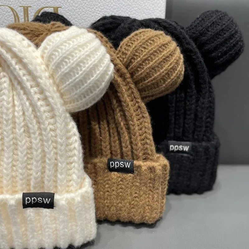 Cute Bear Ear Knitted Wool Hat Women Fashion Hooded Thick