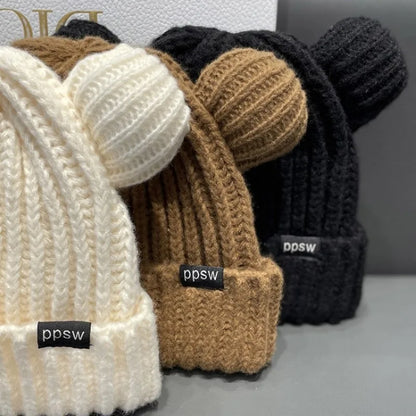 Cute Bear Ear Knitted Wool Hat Women Fashion Hooded Thick