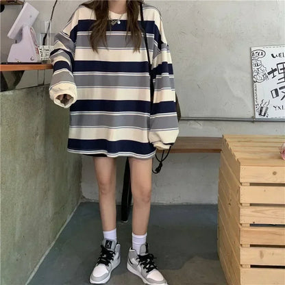 Women's Autumn T-shirt Striped Top Sweatshirt 2024 Korean