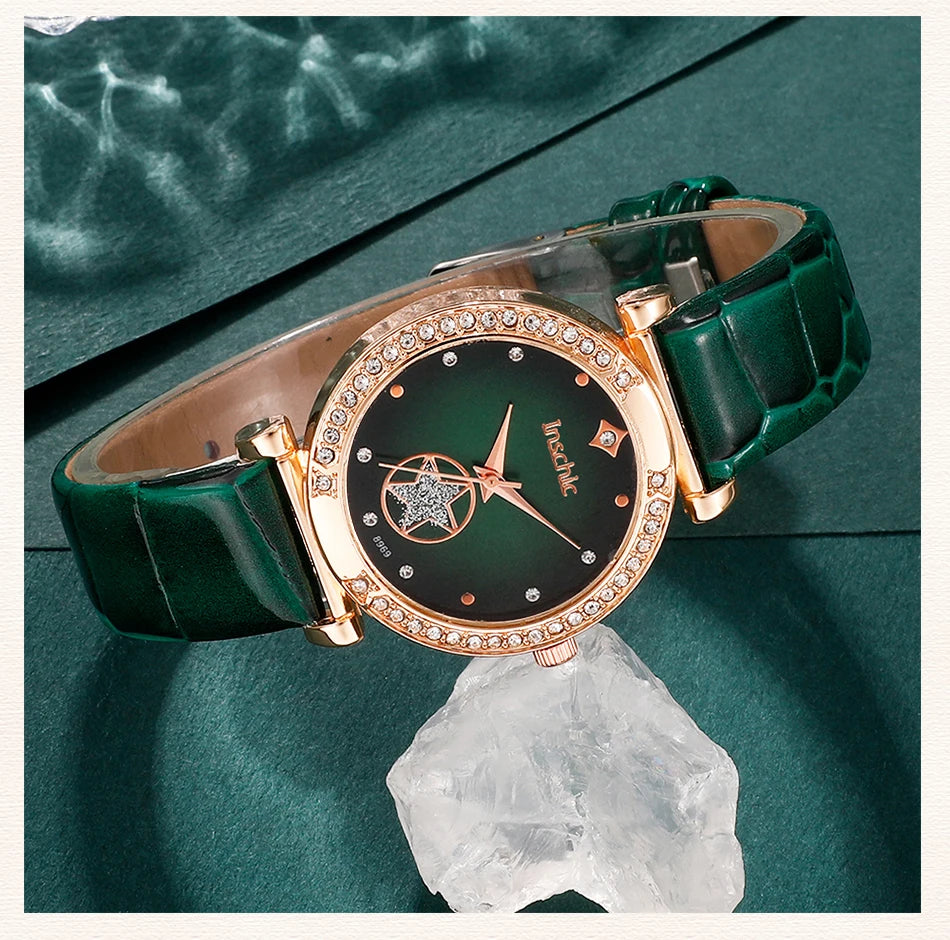 Green Luxury Quartz Watch Women Ring Necklace Earring Rhinestone