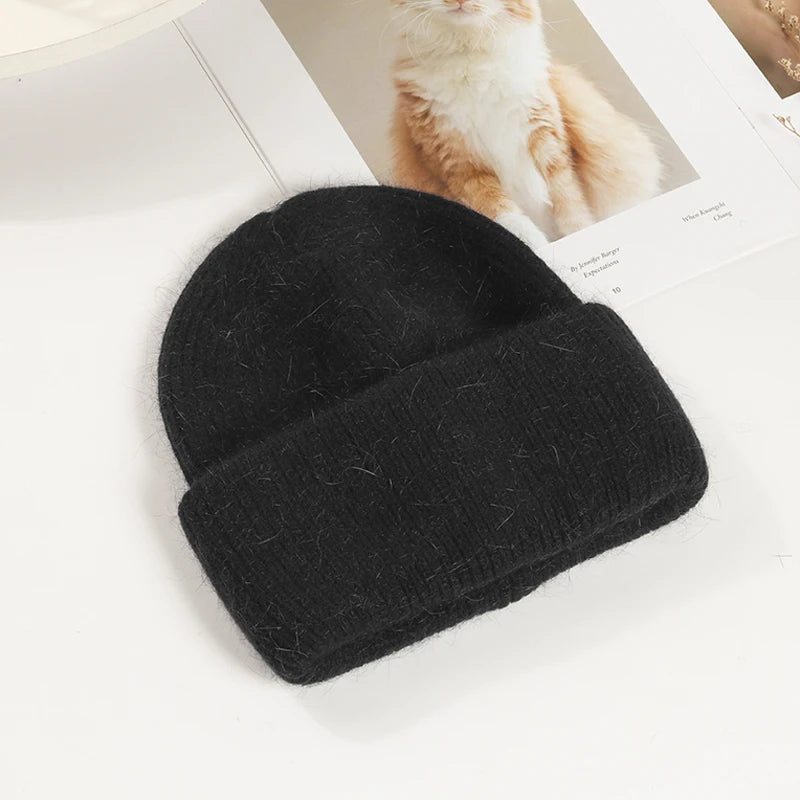Winter Hats Woman Soft Knit Beanie Warm Rabbit Fur Hat Solid