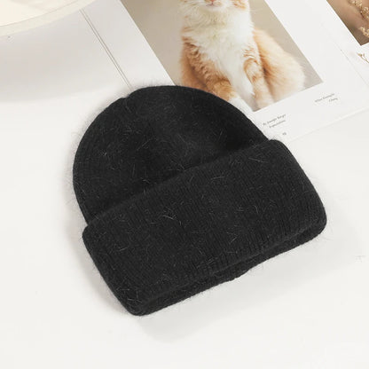 Winter Hats Woman Soft Knit Beanie Warm Rabbit Fur Hat Solid
